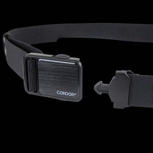 The Condor EDC Belt, a black tactical belt with a metal quick-release buckle, is perfect for everyday carry or law enforcement and is displayed on a white background.